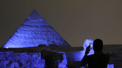 <p>To mark the 70th anniversary of the founding of the United Nations, landmarks across 60 countries were bathed in blue light yesterday, the official colour of
the organisation.</p><p>Egypt lit up the Giza pyramids for the event. (AAP)</p><p><strong>Click through to see some of the
globe’s most famous monuments lit up.</strong></p>