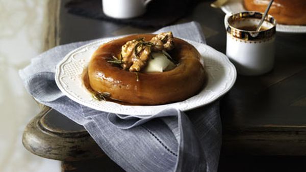 Savarin with goat’s curd cream, rosemary honey syrup and walnuts