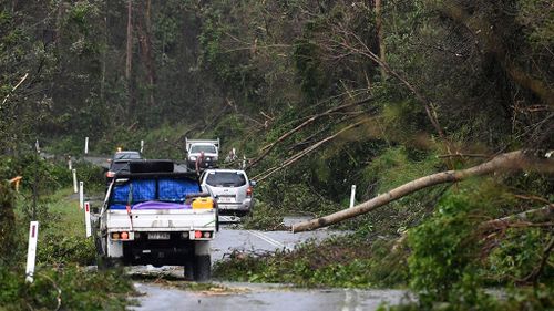 Cars negotiate tree debris on the road between Airlie Beach and Shute Harbour. (AAP)