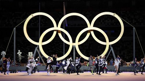 The Olympic rings are displayed during the opening ceremony for the Tokyo Games.