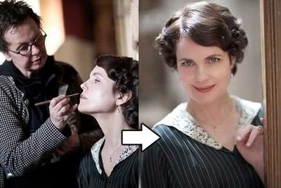 Elizabeth McGovern (Cora Crawley) says, "I'm wearing vintage fabric but they reinforce it — the set is hard work for costumes."