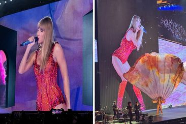Taylor Swift orange and pink bodysuit- split image