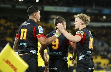 Daniel Rona of the Chiefs celebrates after scoring a try.