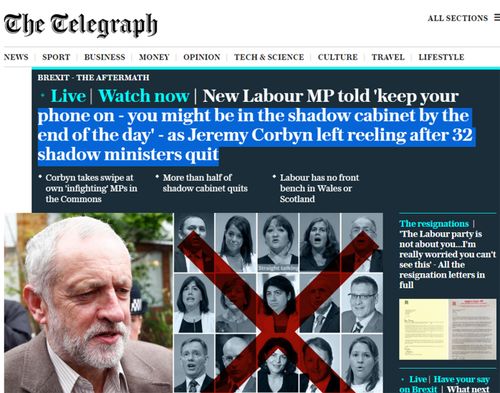 Mr Corbyn's leadership woes were splashed on the frontpage of The Telegraph.