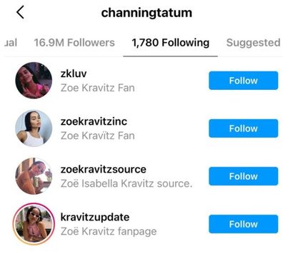 Channing Tatum follows four fan accounts dedicated to rumoured girlfriend Zoë Kravitz.