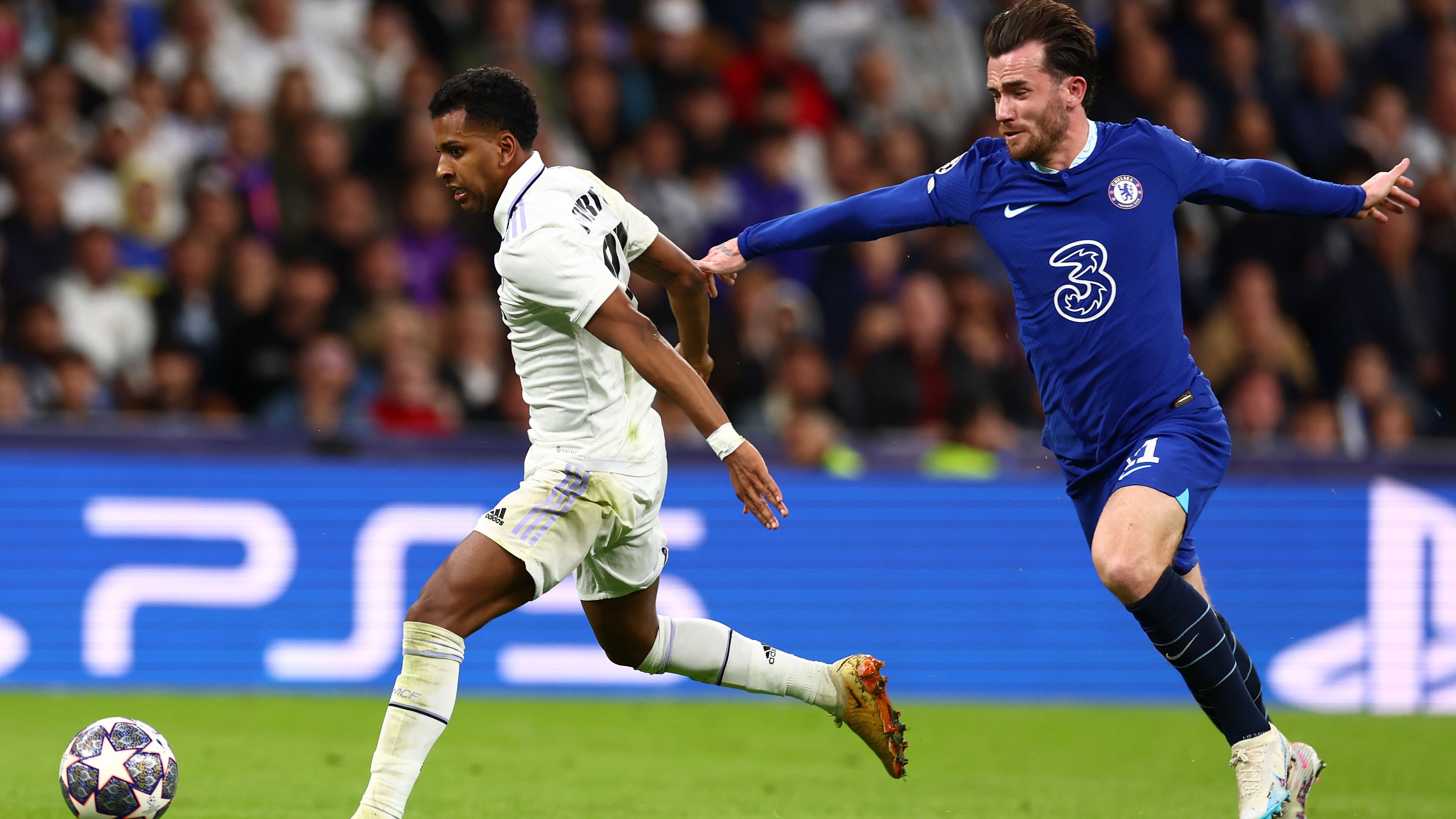 Ben Chilwell of Chelsea fouls Rodrygo of Real Madrid and is subsequently shown a red card.