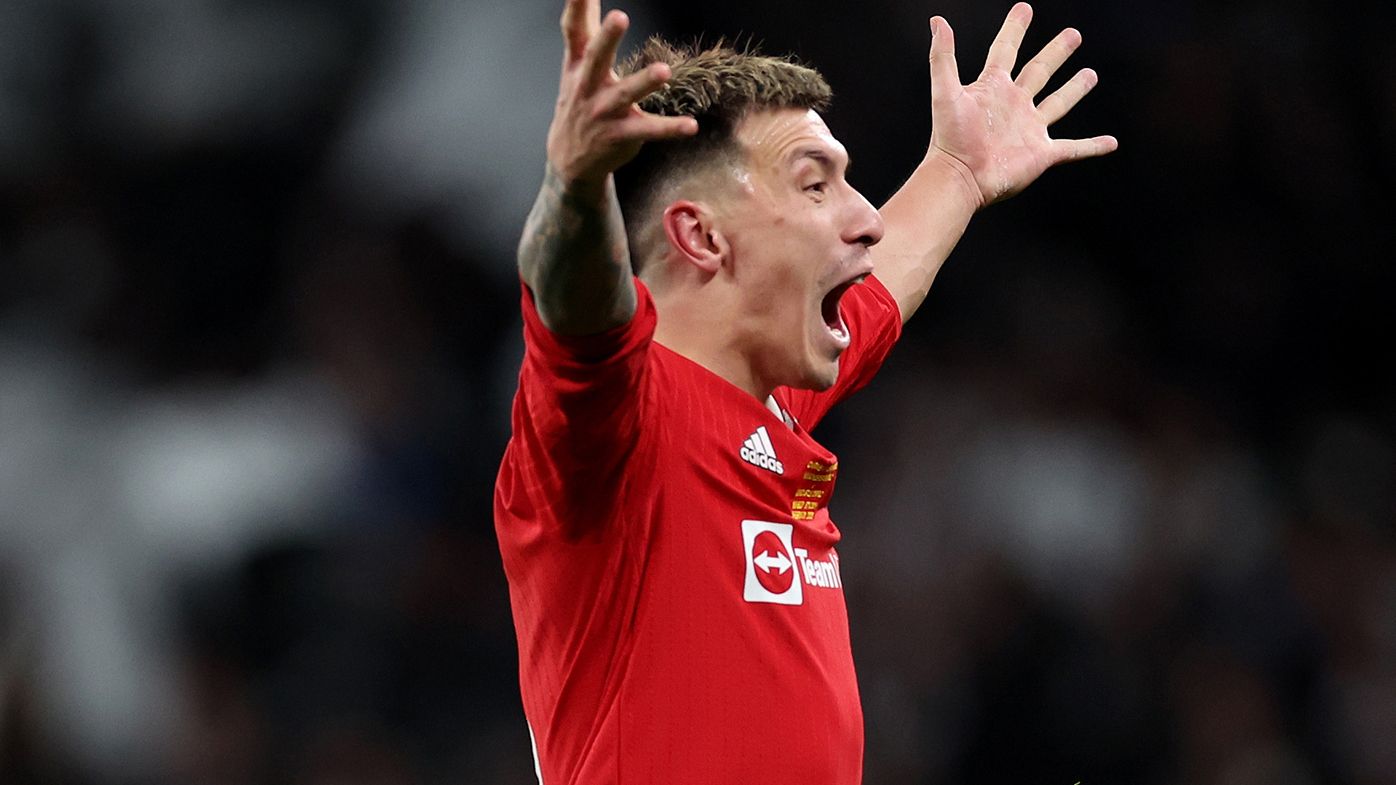 Lisandro Martinez of Manchester United celebrates victory following the Carabao Cup Final against Newcastle United.
