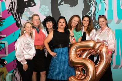 Kerri Elstub and friends dressed as Pink Ladies at a friend's 50th birthday