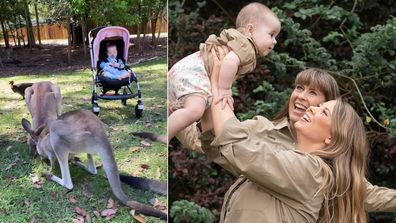 Bindi Irwin daughter Grace at Australia Zoo with kangaroos. 