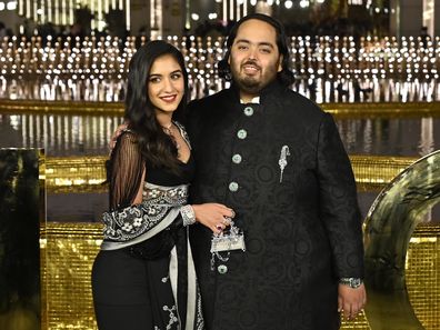 Anant Ambani with Radhika Merchant during the inauguration of the Nita Mukesh Ambani Cultural Centre on March 31, 2023 in Mumbai, India. Nita Ambani's dream project, which is housed within the Jio Global Centre in Bandra-Kurla Complex, aims to preserve and promote Indian arts. The event saw the presence of prominent celebrities and businessmen. 