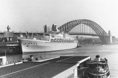  P&O ship Oriana is pictured here in Circular Quay, Sydney circa 1950.