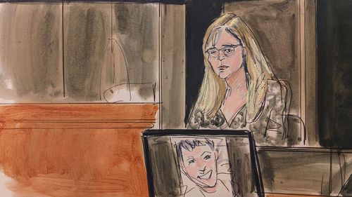 In this courtroom sketch, Annie Farmer testifies on the witness stand during the Ghislaine Maxwell sex abuse trial.