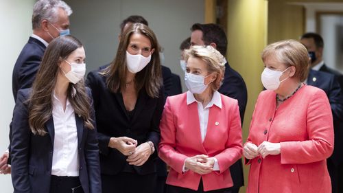 (L to R) Lithuanian President Gitanas Nauseda, Finish Prime Minister Sanna Mirella Marin, Belgium Prime Minister Sophie Wilmes, President of the European Commission Ursula von der Leyen, Luxembourg Prime Minister Xavier Bettel, and the German Chancellor Angela Merkel attend an EU Summit on July 17, 2020 in Brussels, Belgium. 