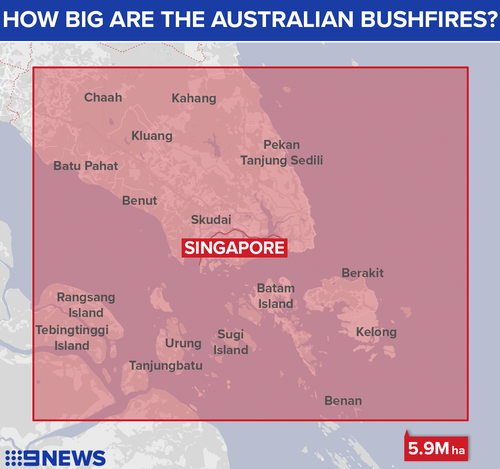 The damage zone dwarfs Singapore in a comparison.