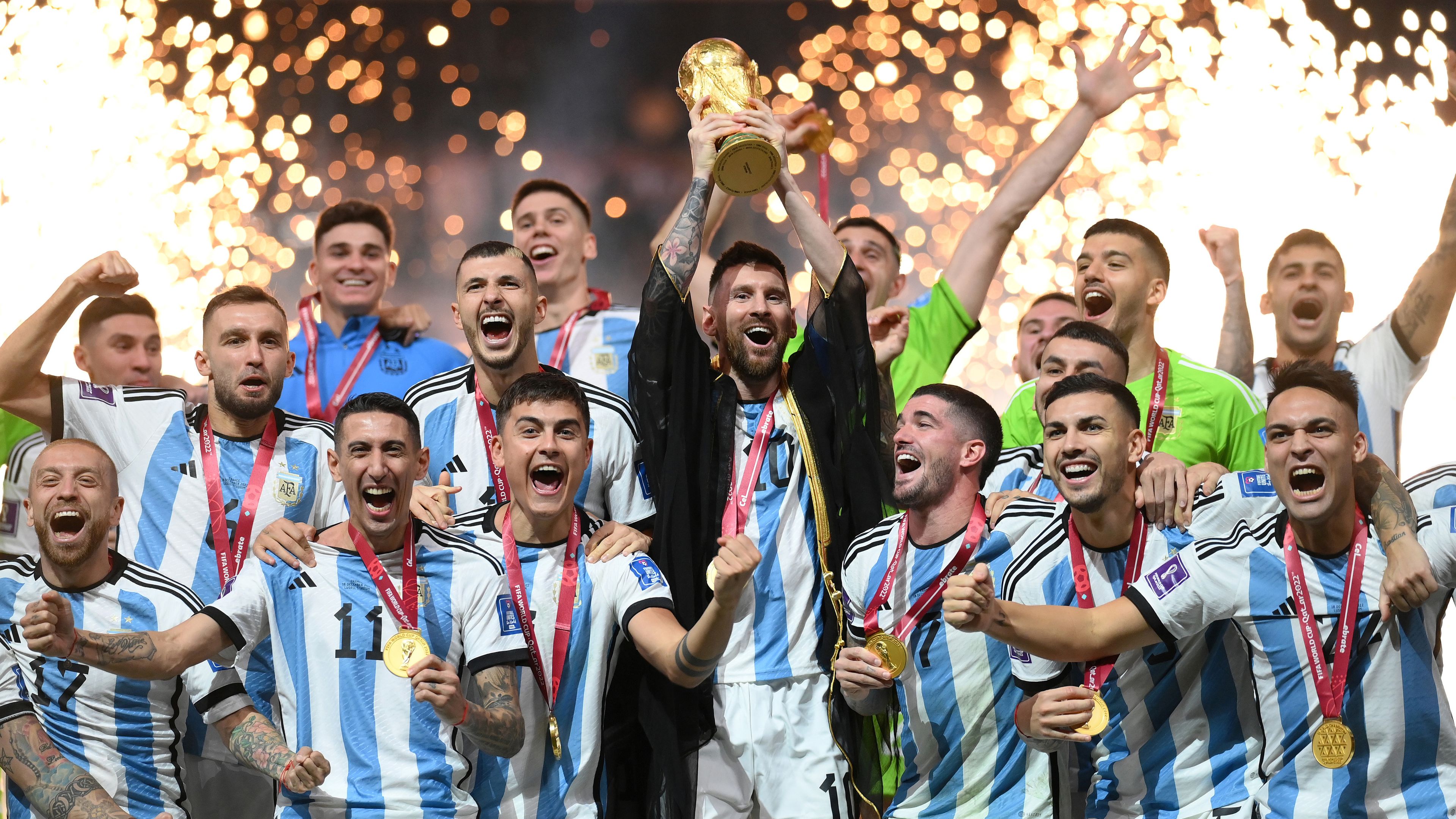 Lionel Messi of Argentina lifts the FIFA World Cup Qatar 2022 Winner&#x27;s Trophy after the FIFA World Cup Qatar 2022 Final match between Argentina and France at Lusail Stadium on December 18, 2022 in Lusail City, Qatar. (Photo by Shaun Botterill - FIFA/FIFA via Getty Images)