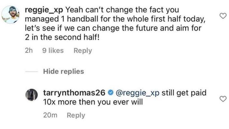 Tarryn Thomas responds to a fans comment on Instagram.