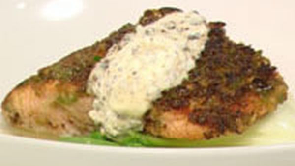 Wasabi pea crusted salmon with bok choy