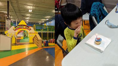 Left: empty play centre, Right: Max blowing out a candle on his cupcake.