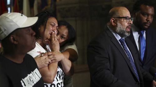 The mother of Antwon Rose Jr weeps at a press conference. (AAP)