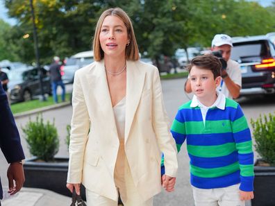 Jessica Biel and son Silas Timberlake attend day 4 of the 2024 US Open Tennis Championships on August 29, 2024 in New York. 