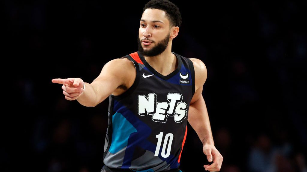 Ben Simmons of the Brooklyn Nets reacts after scoring.