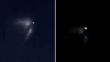 This strange illuminated object which appeared in the night sky over parts of NSW last night is believed to be a Chinese rocket. (Chantelle Peterson and Diana Lexa via NSW Incidents and Alerts) UFO