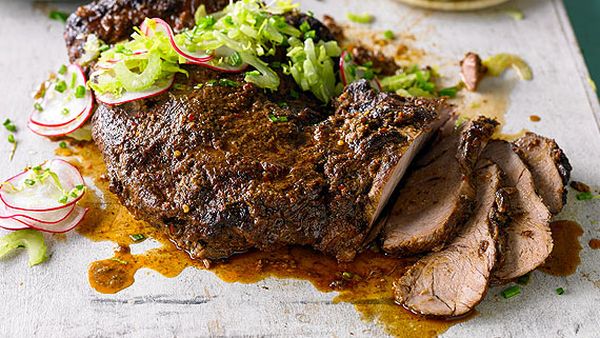 Butterflied piri piri leg of lamb, shaved celery and radish salad