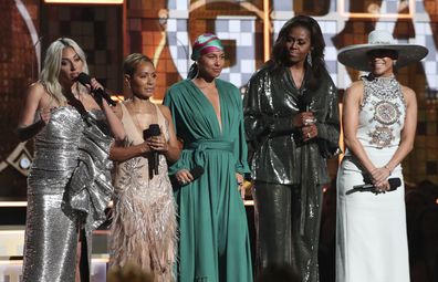 Lady Gaga, from left, Jada Pinkett Smith, Alicia Keys, Michelle Obama and Jennifer Lopez speak at the 61st annual Grammy Awards on Sunday, Feb. 10, 2019, in Los Angeles. (Photo by Matt Sayles/Invision/AP)