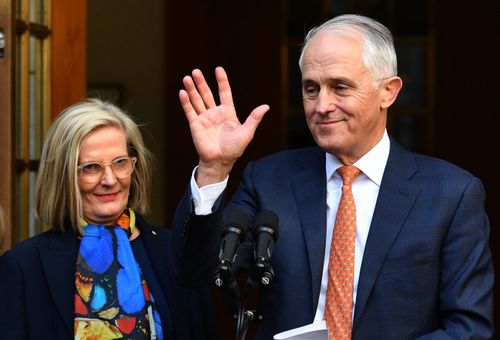 Saying goodbye to politics: Malcolm Turnbull gives a farewell speech in Canberra with wife Lucy by his side.