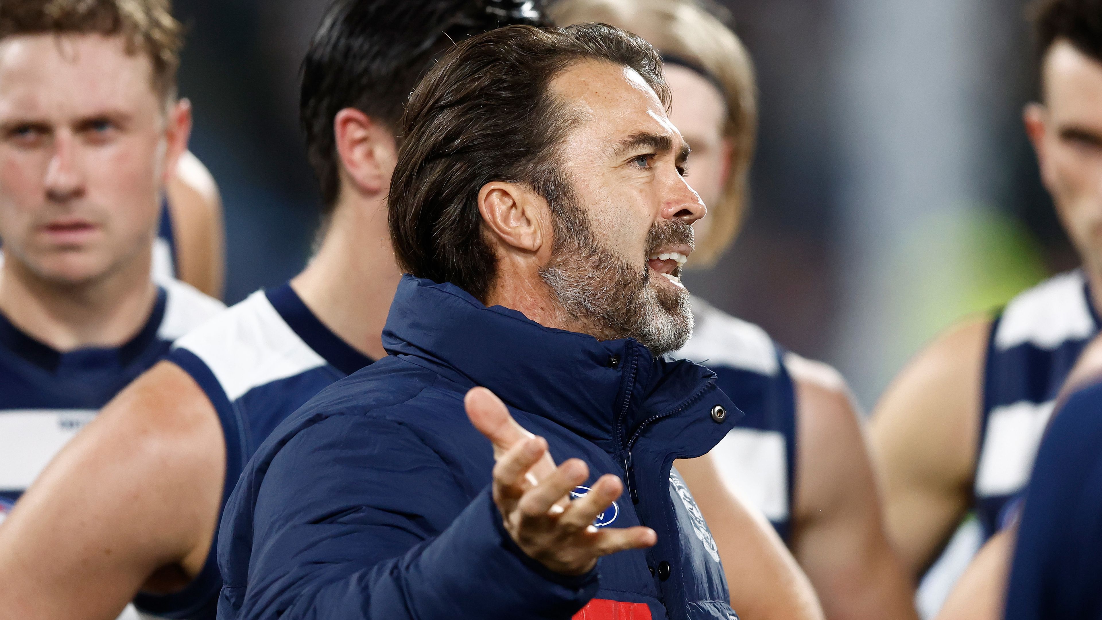 Chris Scott, Senior Coach of the Cats addresses his players during the 2024 AFL Round 09 match between the Geelong Cats and Port Adelaide Power at GMHBA Stadium on May 10, 2024 in Geelong, Australia. (Photo by Michael Willson/AFL Photos via Getty Images)