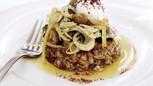 Ocean trout kibbeh with fennel salad and labne