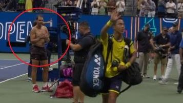 Rafael Nadal applauds Australian debutant Rinky Hijikata off the court after a four-set thriller at the US Open.