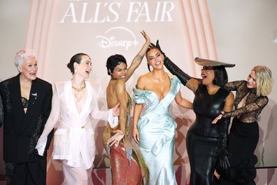 PARIS, FRANCE - OCTOBER 21: Glenn Close, Sarah Paulson, Teyana Taylor, Kim Kardashian, Niecy Nash-Betts, and Naomi Watts attend the "All's Fair" Disney+ Premiere  at Maison de La Chimie on October 21, 2025 in Paris, France. (Photo by Edward Berthelot/WireImage)
