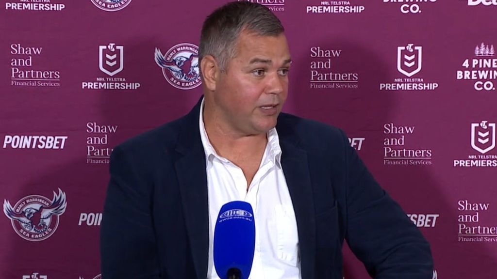 Manly Sea Eagles coach Anthony Seibold speaks after losing to the Roosters.