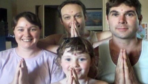 A screenshot of online cult leader Simon Kadwell with his partner Chantelle McDougall (left), daughter Leela, and friend Tony Popic.