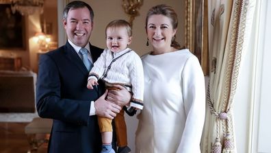 Hereditary Grand Duke Guillaume of Luxembourg&#x27;s 40th birthday portrait with wife Hereditary Grand Duchess Stephanie of Luxembourg and their son Prince Charles of Luxembourg