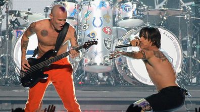 The Red Hot Chili Peppers' Flea and Anthony Kiedis at the Super Bowl. (Getty)