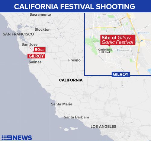 Map showing location of a shooting at the annual Gilroy Garlic Festival in California.