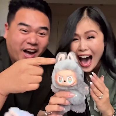 Aussie influencers Adrian Widjy and Annie Nguyen screamed after finding a limited edition labubu