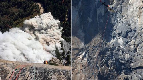 Climber Ryan Sheridan shows a new rock fall from El Capitan on September 28; a helicopter makes a rescue off El Capitan after the September 27 rock fall. (AP)