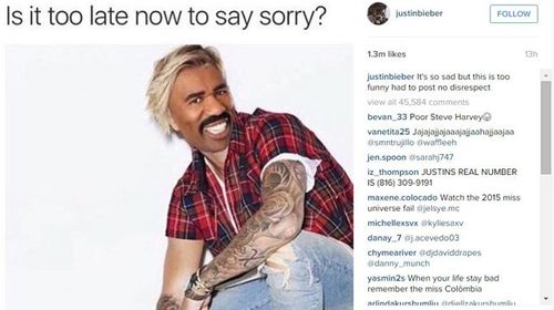 Justin Bieber joined in by mocking host Steve Harvey on Instagram.