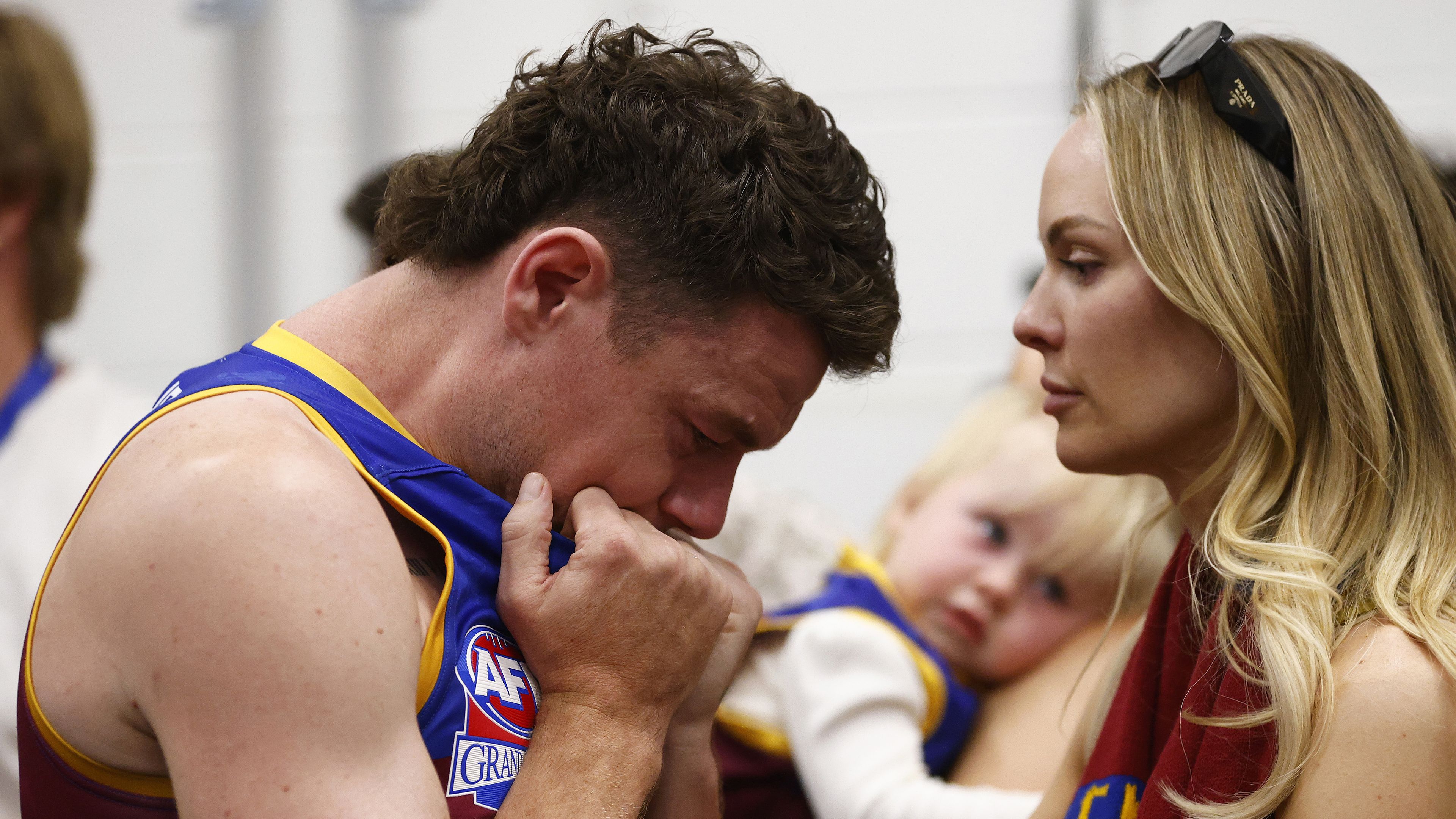 Lachie Neale is heartbroken in the rooms post match.