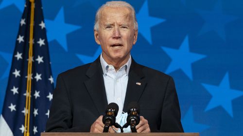 Democratic presidential candidate former Vice President Joe Biden speaks at the The Queen theater, Thursday, Nov. 5, 2020, in Wilmington, Del. 