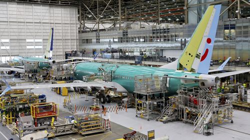 A Boeing 737 MAX aircraft is shown on the assembly line at the Boeing facility in Renton, Wash., June 25, 2024. 