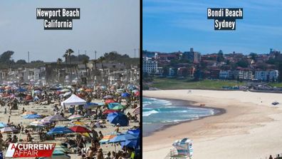 The social distancing reality during the coronavirus outbreak on a popular Californian beach compared to Bondi Beach in Sydney.