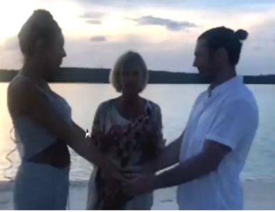 Chloe Lattanzi's mum Olivia Newton-John officiates her beach wedding to James Driskill.