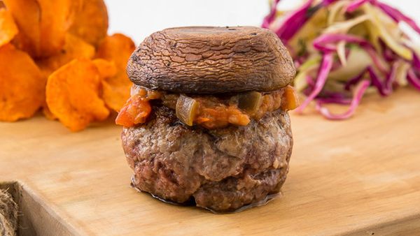 George Calombaris' bunless lamb burger with vegetable relish and sweet potato chips