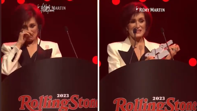 Sharon Osbourne cries as she accepts her husband Ozzy's ICON award at the 2023 Rolling Stone Awards
