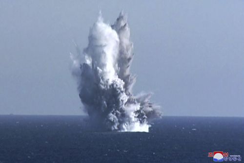 Shows what they say is an underwater blast of test warhead loaded to an unmanned underwater nuclear attack craft "Haeil" during an exercise around Hongwon Bay in waters off North Korea's eastern coast Thursday, March 23, 2023.  