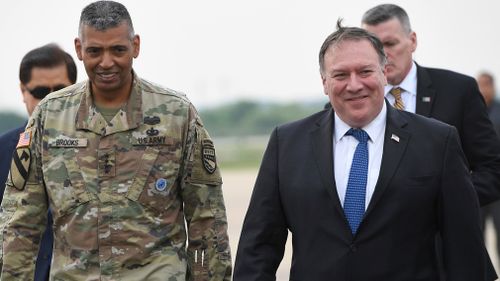 Mike Pompeo arrived in South Korea to brief leaders on the summit. Picture: AP